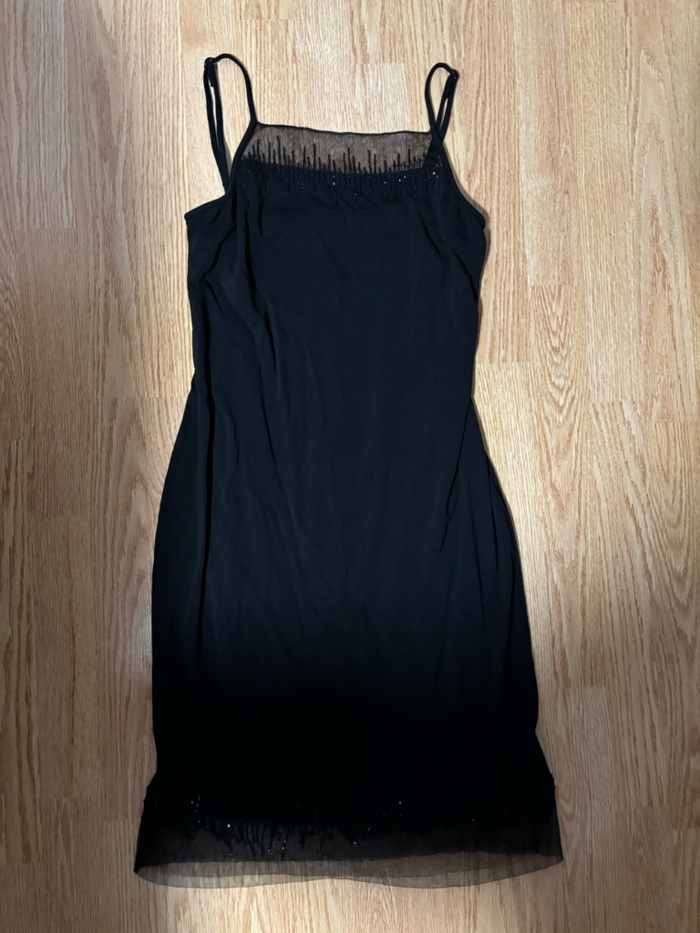 Vintage 90s Black Beaded Slip Dress with Sheer Trim